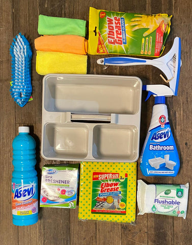 10 Piece Complete Bathroom Cleaning Bundle Kit Floor Cleaner 1L, Large Scrubbing Brush, Disinfectant 750ml, Microfiber Cloths 3PK, Sink Freshener 3PK, Power Cloths 3PK, Flushable Toilet Tissue Wipes, Rubber Gloves Large, Cleaning Caddy Taupe, Suction Cup Squeegee
