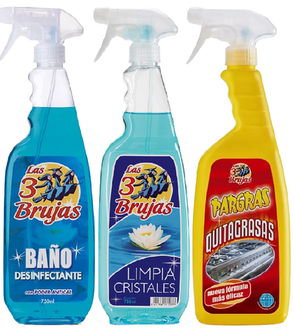 3 Witches Bundle Gift Set 1 Quitagrasas Degreaser 750ml 1 Bano Disinfectant 750ml 1 Glass Window Cleaner 750ml Powerful Household Scented Any Room Home Bathroom Kitchen Surface Limescale Dirt Remover Cleaning Long Lasting Spray
