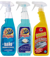 3 Witches Bundle Gift Set 1 Quitagrasas Degreaser 750ml 1 Bano Disinfectant 750ml 1 Glass Window Cleaner 750ml Powerful Household Scented Any Room Home Bathroom Kitchen Surface Limescale Dirt Remover Cleaning Long Lasting Spray
