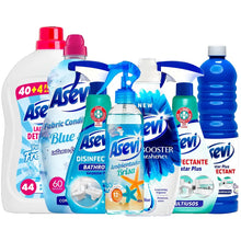 Asevi 7-Piece Blue Bundle – Spanish Cleaning Essentials Kit | Air Freshener 400ml, Fabric Scent Booster 720ml, Floor Cleaner 1L, Fabric Conditioner 60 Washes, Disinfectant 1100ml, Bathroom Cleaner 720ml & Laundry Detergent 2.4L 44 Washes