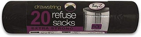 Tidyz Drawstring Refuse Trash Bin Garbage Bags With Tie Handle Heavy Duty Tasteless Strong For Home Kitchen Office Garden Caterers 20 Piece 50L
