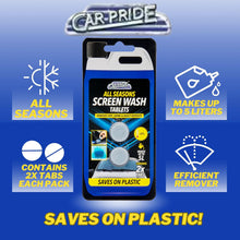 Car Pride All Seasons Screen Wash – 2 Tablets Pack (Makes 40L Total) | Fast-Dissolving Windshield Washer Tablets for Cars & Vehicles | Removes Dirt, Grime, Bugs & Insect Deposits | All-Weather Protection