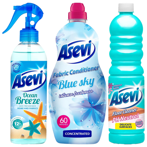 Asevi 3 Piece Dark Blue Bundle Gift Set Spanish Cleaning Products Household Air Freshener 400ml Clothes Scent Booster 720ml Bathroom Cleaner 750ml Floor Clean Disinfectant 1L Fabric Conditioner 60 Wash Long-Lasting Scented Fragrance Dirt Stain Remove
