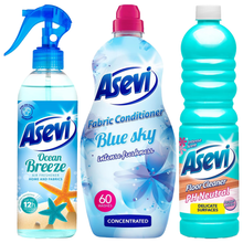 Asevi 3 Piece Dark Blue Bundle Gift Set Spanish Cleaning Products Household Air Freshener 400ml Clothes Scent Booster 720ml Bathroom Cleaner 750ml Floor Clean Disinfectant 1L Fabric Conditioner 60 Wash Long-Lasting Scented Fragrance Dirt Stain Remove
