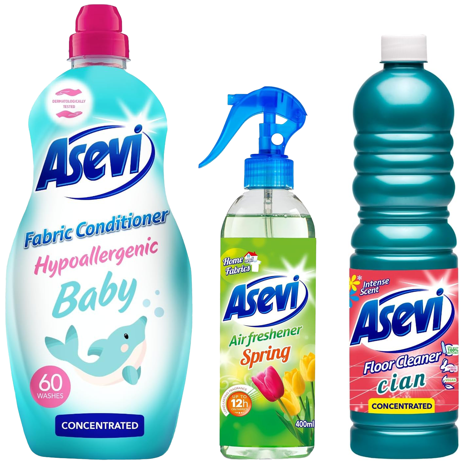 Asevi 3 Piece Green Bundle Spanish Cleaning Products Spring Fresh Air Freshener 400ml Cian Floor Surface Cleaner 1L Baby Fabric Softener Conditioner Concentrate 60 Washes
