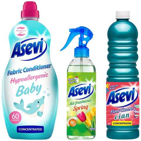 Asevi 3 Piece Green Bundle Spanish Cleaning Products Spring Fresh Air Freshener 400ml Cian Floor Surface Cleaner 1L Baby Fabric Softener Conditioner Concentrate 60 Washes

