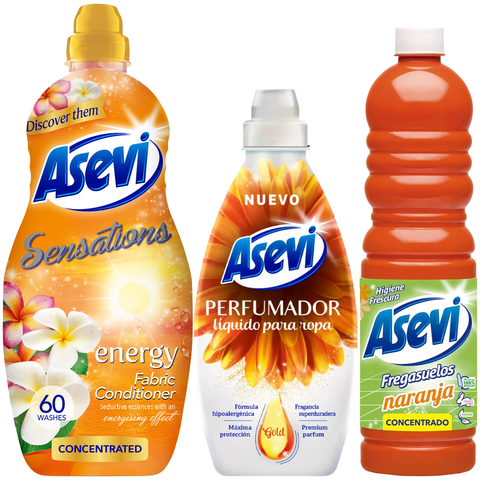 Asevi 3 Piece Orange Bundle Spanish Cleaning Products Giftset Kit Scent Booster 720ml Orange Floor Surface Cleaner 1L Energy Sensations Fabric Softener Conditioner Concentrate 60 Washes
