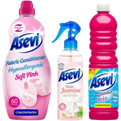 Asevi 3 Piece Pink Bundle Spanish Cleaning Products White Jasmine Air Freshener 400ml Mio Floor Surface Cleaner 1L Soft Pink Fabric Conditioner Concentrate 60 Washes Long-Lasting Household Dirt Stain Remover
