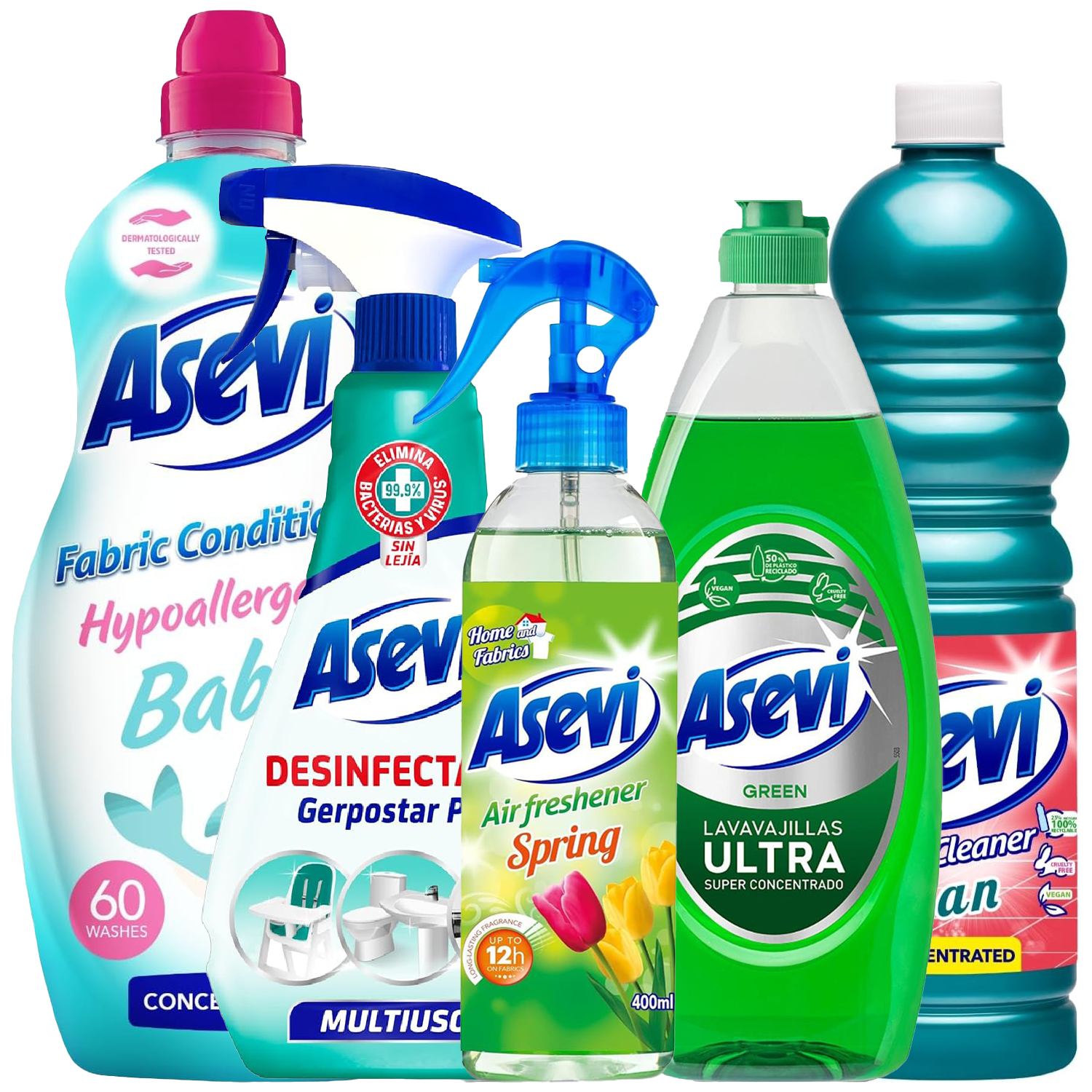 Asevi 5 Piece Green Bundle Spanish Cleaning Products Spring Fresh Air Freshener 400ml Washing up Liquid 650ml Multipurpose Disinfectant 750ml Cian Floor Cleaner 1L Baby Fabric Softener 60 Washes

