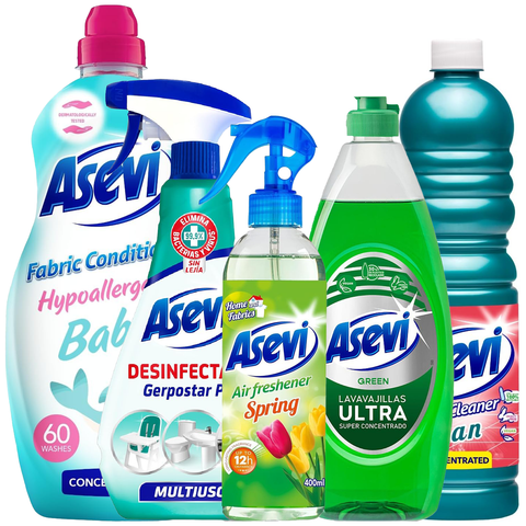 Asevi 5 Piece Green Bundle Spanish Cleaning Products Spring Fresh Air Freshener 400ml Washing up Liquid 650ml Multipurpose Disinfectant 750ml Cian Floor Cleaner 1L Baby Fabric Softener 60 Washes
