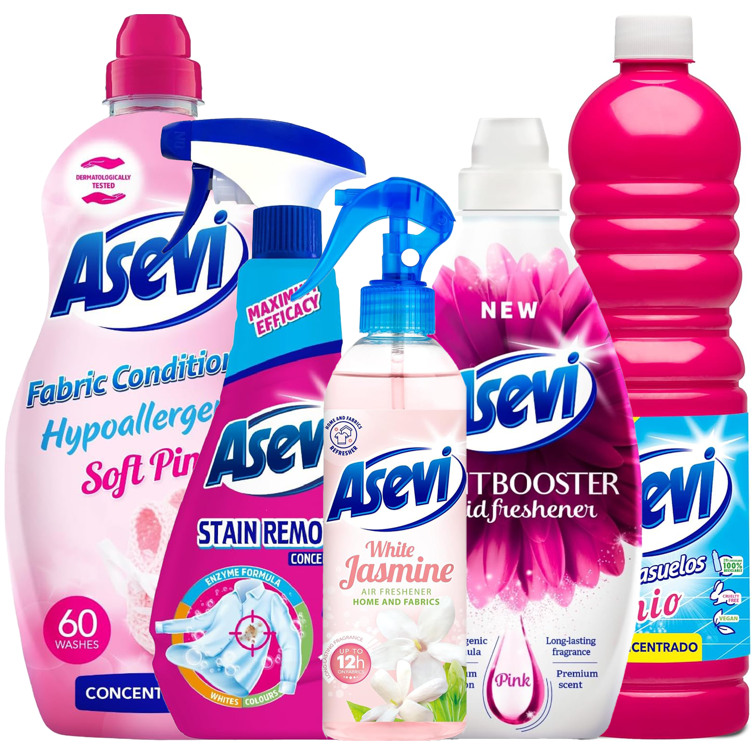 Asevi 5 Piece Pink Bundle Spanish Cleaning Products White Jasmine Air Freshener 400ml Clothes Scent Booster 720ml Floor Cleaner Disinfectant 1L Fabric Stain Remover 750ml Fabric Softener 60 Washes
