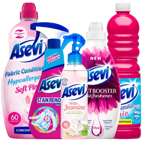 Asevi 5 Piece Pink Bundle Spanish Cleaning Products White Jasmine Air Freshener 400ml Clothes Scent Booster 720ml Floor Cleaner Disinfectant 1L Fabric Stain Remover 750ml Fabric Softener 60 Washes
