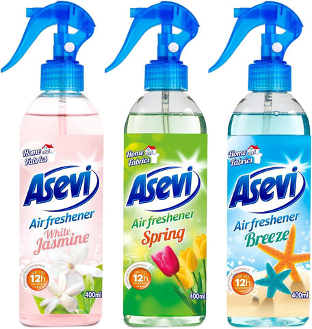 Asevi Air Freshener Bundle White Jasmine Ocean Breeze Spring Long Lasting 12 hours Scented Odour Eliminator Any Room Car Office Home Spray Fragrance Spanish Cleaning Aroma Perfume Scent 400ml Bottle
