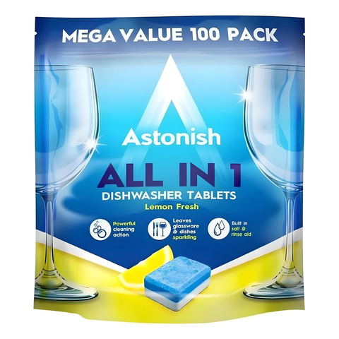 Astonish All-In 1 Dishwasher Tablets 100 Tabs Fresh Lemon Zesty Scent Powerful Clean Sparkling Glassware and Dishes  Included Salt Rinse Aid Remove Tough Stains Household Kitchen Cleaning
