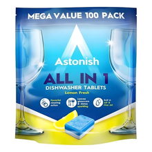 Astonish All-In 1 Dishwasher Tablets 100 Tabs Fresh Lemon Zesty Scent Powerful Clean Sparkling Glassware and Dishes  Included Salt Rinse Aid Remove Tough Stains Household Kitchen Cleaning
