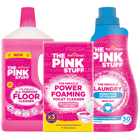 The Pink Stuff 3-Item Cleaning Bundle Gift Set – Includes Non-Bio Laundry Liquid (32 Washes), All-Purpose Floor Cleaner (1L), & Foaming Toilet Cleaner – Eco-Friendly Home Essentials
