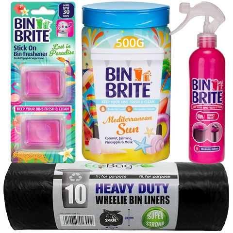 Bin Brite 4 Items Bundle Giftset 1 Bin Odour Neutraliser Spray 400ml 1 Mediterranean Sun Bin Odour Neutraliser 500g 1 Stick On Bin Freshener 2pc 1 Ecobag 10 Eco Friendly Wheelie Bin Liners 240L
