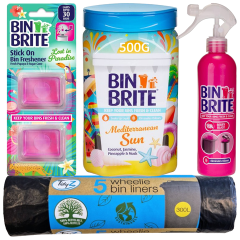 Bin Brite 4 Items Bundle Giftset 1 Bin Odour Neutraliser Spray 400ml 1 Mediterranean Sun Bin Odour Neutraliser 500g 1 Stick On Bin Freshener 2pc 1 Tidyz 5 Wheely Bin Liners 300L
