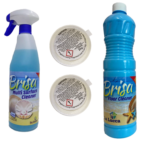 Lalucca Spanish Cleaning Products Brisa Bundle Gift Set – All-in-One Cleaning Kit with Multisurface Cleaner Spray 750ml, Floor Cleaner 1L, Sink Fizzer 20g – Eco-Friendly Household Cleaning Essentials