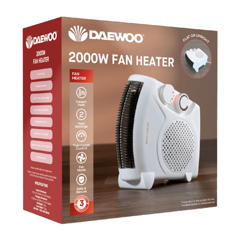 Daewoo Portable Fan Heater 2000W with Dual Heat Settings Energy Efficient Indoor Fast Instant Heating Solution Adjustable Thermostat Silent Operation Overheat Protection for Home Room Office Use
