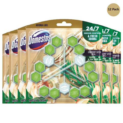Domestos Power 5 Aroma White Rose & Tea Tree Oil Aroma Toilet Cleaner Rim Block Fights Bad Odours Limescale Remover Bacs Prevention For A Long lasting Fragrances Maintaining Freshness X12
