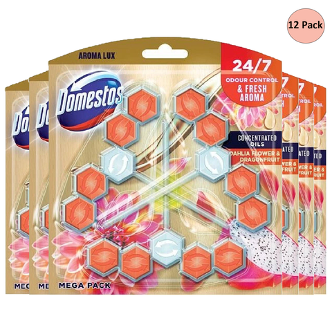Domestos Power 5 Dahlia Flower & Dragonfruit Aroma Toilet Cleaner Rim Block Fights Bad Odours Limescale Remover Bacs Prevention For A Long lasting Fragrances Maintaining Freshness X12
