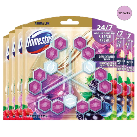 Domestos Power 5 Hibiscus Oil & Wild Berry Aroma Toilet Cleaner Rim Block Fights Bad Odours Limescale Remover Bacs Prevention For A Long lasting Fragrances Maintaining Freshness X12
