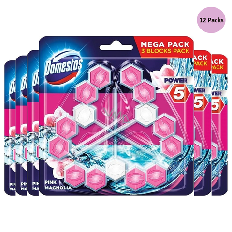 Domestos Power 5 Pink Magnolia Aroma Toilet Cleaner Rim Block Fights Bad Odours Limescale Remover Bacs Prevention For A Long lasting Fragrances Maintaining Freshness X12
