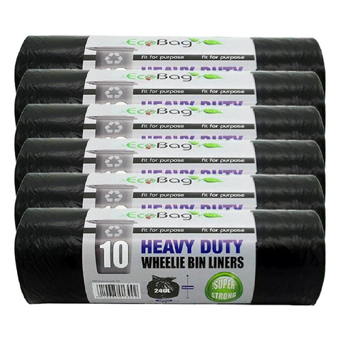 Ecobag 10 Eco Friendly Wheelie Bin Liners Heavy Duty Leak &Tear Resistant Recycling Bags Super Strong For Garden, Kitchen, House, Office & Caterers Black 240L X6
