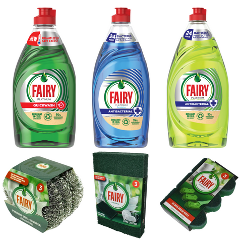 Fairy 6 Items Cleaning Products Green Bundle Platinum 1 Quick Wash Washing Up Liquid 383ml Original 1 Anti Bac Lime & Lemongrass 820ml 1 Eucalyptus 520ml 1 Addis Fairy Dish Brush Refills 3 Pack 1 Scourer Pad Pack 3 1 Steel Scourer Ultimate Clean & Hygiene
