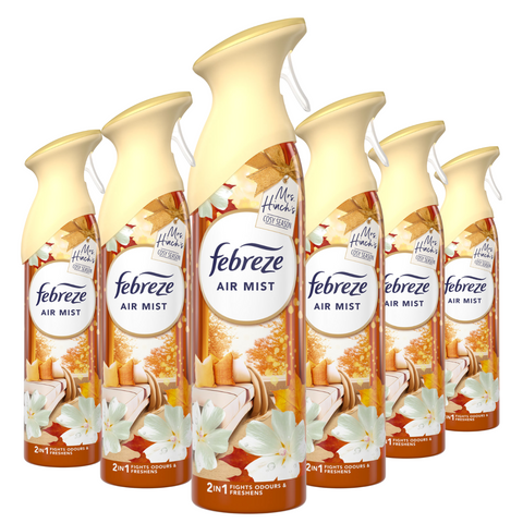 Febreze Air Mist Freshener Cosy Season Eliminates Odours Car Home Any Room Office Bathroom Household Long Lasting Fragrances Scented Spray 185ml X6
