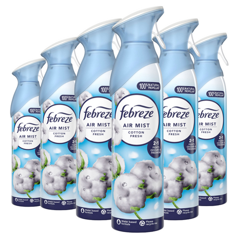 Febreze Air Mist Freshener Cotton Fresh Eliminates Odours Car Home Any Room Office Bathroom Household Long Lasting Fragrances Scented Spray 185ml X6
