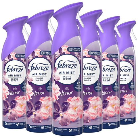 Febreze Air Mist Freshener Exotic Bloom Eliminates Odours Car Home Any Room Office Bathroom Household Long Lasting Fragrances Scented Spray 185ml X6
