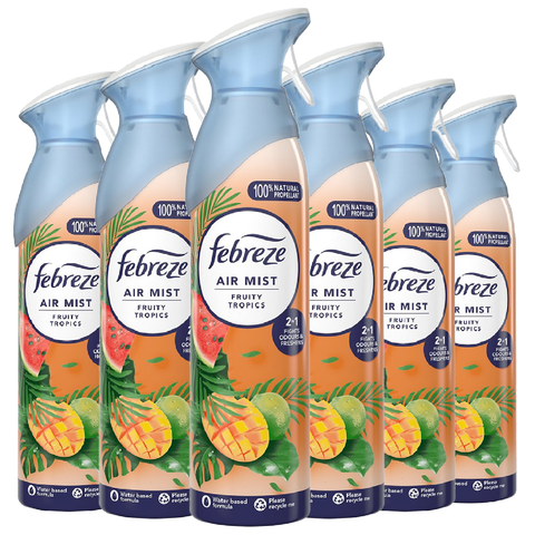 Febreze Air Mist Freshener Fruity Tropics Eliminates Odours Car Home Any Room Office Bathroom Household Long Lasting Fragrances Scented Spray 185ml X6
