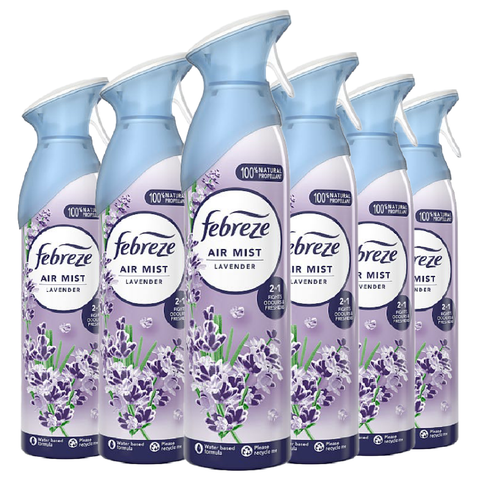 Febreze Air Mist Freshener Lavender Eliminates Odours Car Home Any Room Office Bathroom Household Long Lasting Fragrances Scented Spray 185ml X6

