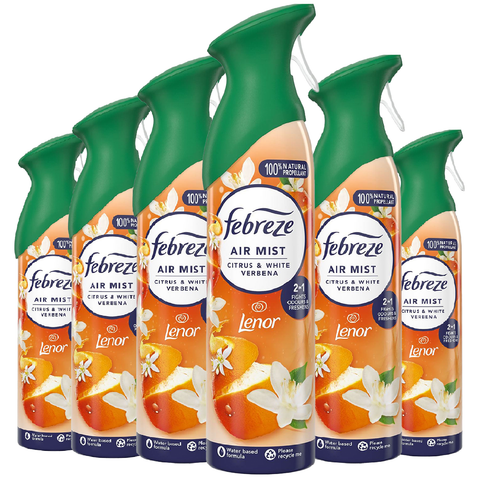 Febreze Air Mist Freshener Lenor Citrus & White Verbena Eliminates Odours Car Home Any Room Office Bathroom Household Long Lasting Fragrances Scented Spray 185ml X6
