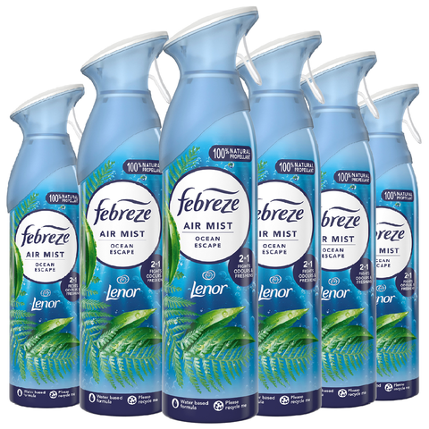 Febreze Air Mist Freshener Ocean Escape Eliminates Odours Car Home Any Room Office Bathroom Household Long Lasting Fragrances Scented Spray 185ml X6
