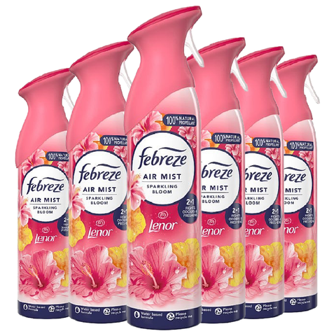Febreze Air Mist Freshener Sparkling Bloom Eliminates Odours Car Home Any Room Office Bathroom Household Long Lasting Fragrances Scented Spray 185ml X6
