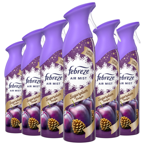 Febreze Air Mist Freshener Sugarplum Delight Eliminates Odours Car Home Any Room Office Bathroom Household Long Lasting Fragrances Scented Spray 185ml X6
