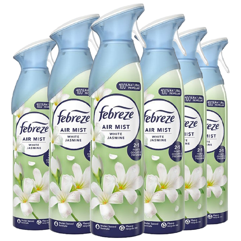 Febreze Air Mist Freshener White Jasmine Eliminates Odours Car Home Any Room Office Bathroom Household Long Lasting Fragrances Scented Spray 185ml X6
