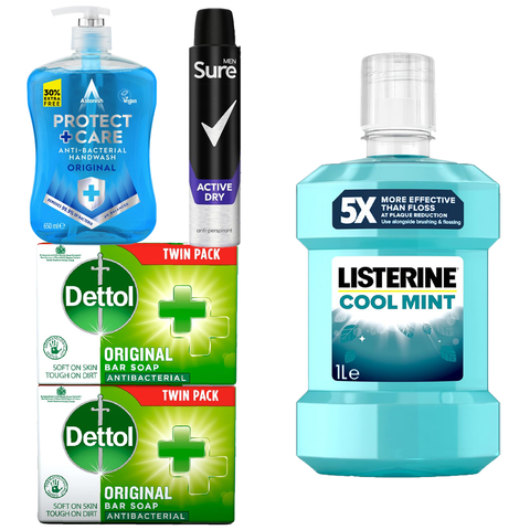 Health Care Essential Bundle Giftset Kit 1 Dettol Twin Pack Soap 1 Astonish Hand Wash 650ml Original 1 Listerine Cool Mint Mouthwash 1L 1 Sure Men Deodorant Spray 200ml
