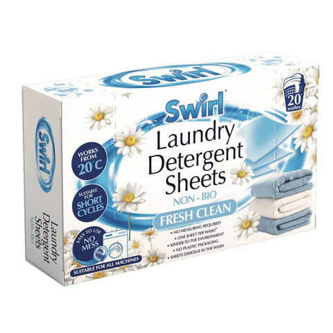 Swirl Non-Bio Fresh Clean 20 Laundry Detergent Sheets | Eco-Friendly, Hypoallergenic, Fragrance-Free | No Plastic, Lightweight & Travel-Friendly | Biodegradable, Powerful Stain Removal
