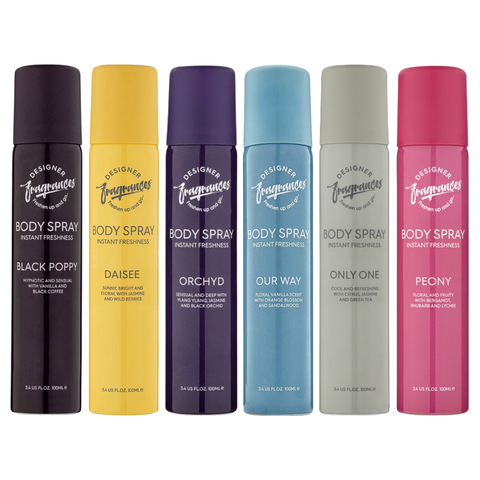 Designer Fragrances Body Spray 6 x 100ml Black Poppy, Daisee, Orchyd, Our Way, Peony, Only One Long Lasting Perfumed Body Spray for Women Everyday Fresh Floral Fragrance Collection Multipack