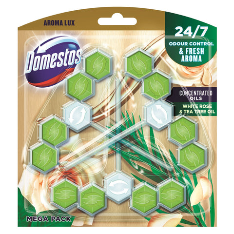 Domestos Power 5 Aroma White Rose & Tea Tree Oil Toilet Cleaner Rim Block – Long-Lasting Fragrance, Fights Bad Odors, Removes Limescale & Prevents Buildup – Keeps Toilet Fresh & Clean for Weeks