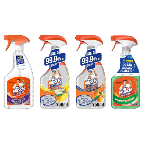 Mr Muscle 4 Items Household Cleaning Bundle Giftset Kit Platinum Shower Shine, bathroom, Kitchen, Window & Glass Cleaner Trigger Spray 750ml
