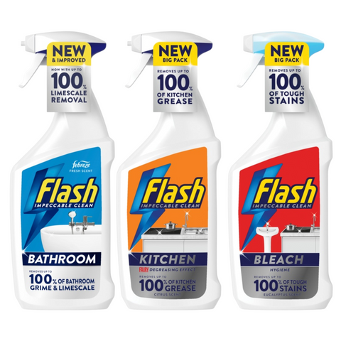 Flash Household Cleaning Bundle Gift Set – 3-Piece Kit with Bathroom Spray (800ml), Kitchen Spray (800ml), & Bleach Spray (800ml) – Multi-Surface Cleaner for Home