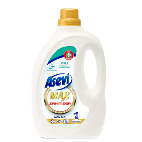 Asevi Max Sanitiser Non-Bio 2in1 Laundry Detergent & Disinfectant 2.5L (50 Washes) – Powerful Cleaning & Germ Protection, Safe for All Fabrics, Kills Bacteria & Odours, Ideal for Hygienic, Fresh Laundry – Dermatologically Tested