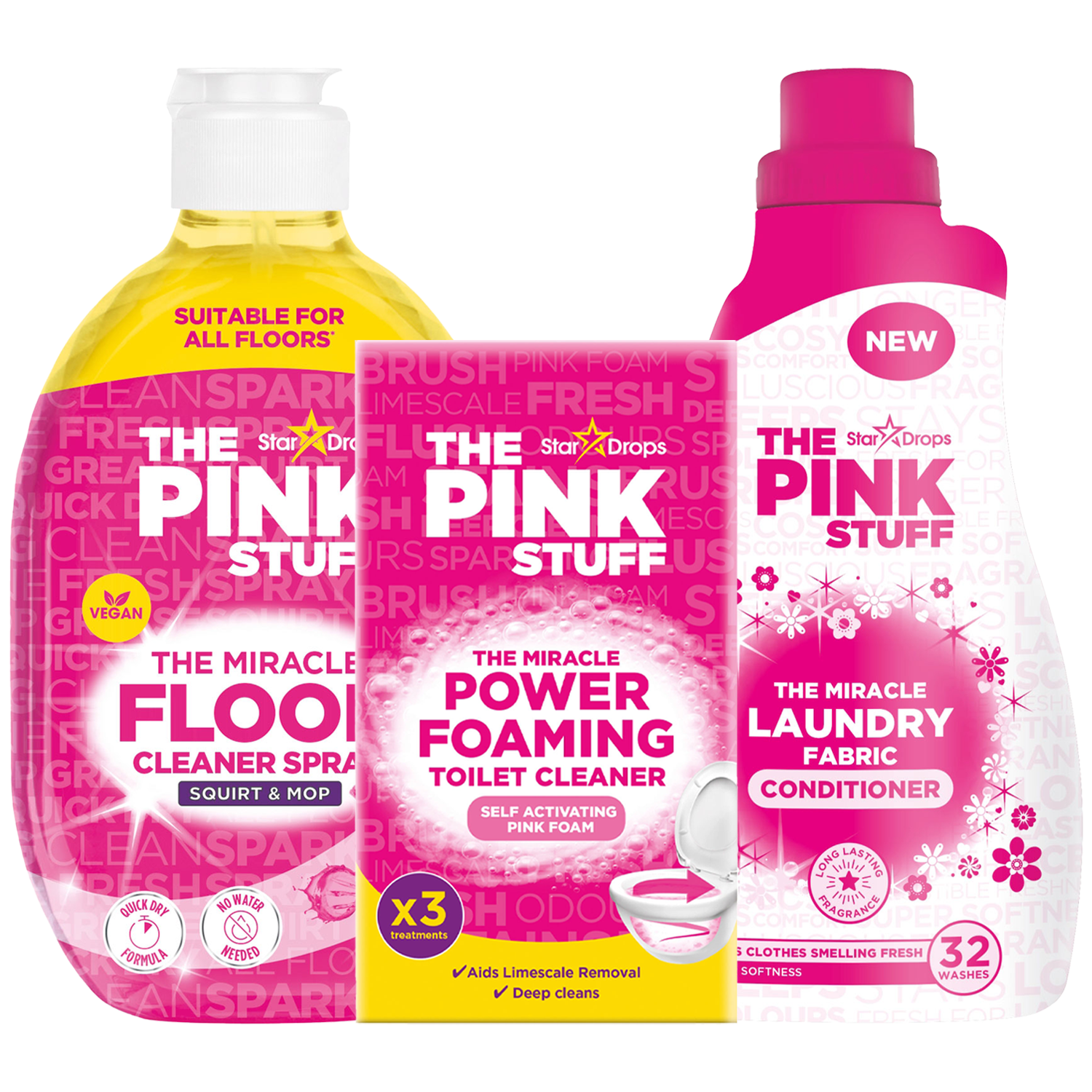 Pink Stuff 3-Item Cleaning Bundle Gift Set 1 Fabric Conditioner 32 Washes 1 Foaming Toilet Cleaner 1 Direct To Floor Cleaner 750ml
