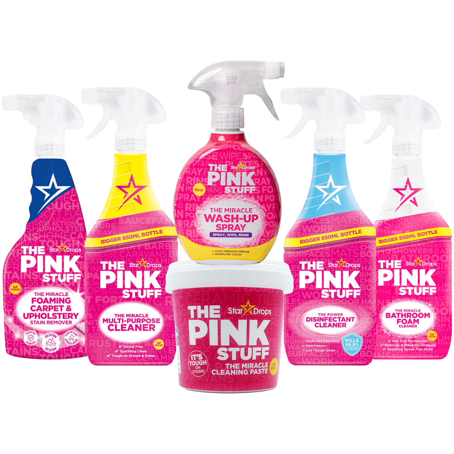Pink Stuff 6-Item Cleaning Bundle Gift Set Carpet & Upholstery Cleaner 500ml Multi-Purpose Cleaner 850ml Miracle Wash-Up Spray 500ml All-Purpose Paste 850g Disinfectant 850ml & Bathroom Cleaner 850ml Powerful Household Cleaning Essentials
