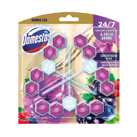 Domestos Power 5 Hibiscus Oil & Wild Berry Aroma Toilet Cleaner Rim Block – Long-Lasting Freshness, Fights Bad Odours, Removes Limescale & Prevents Buildup | Citrus Scent Toilet Bowl Cleaner for Hygiene & Cleanliness